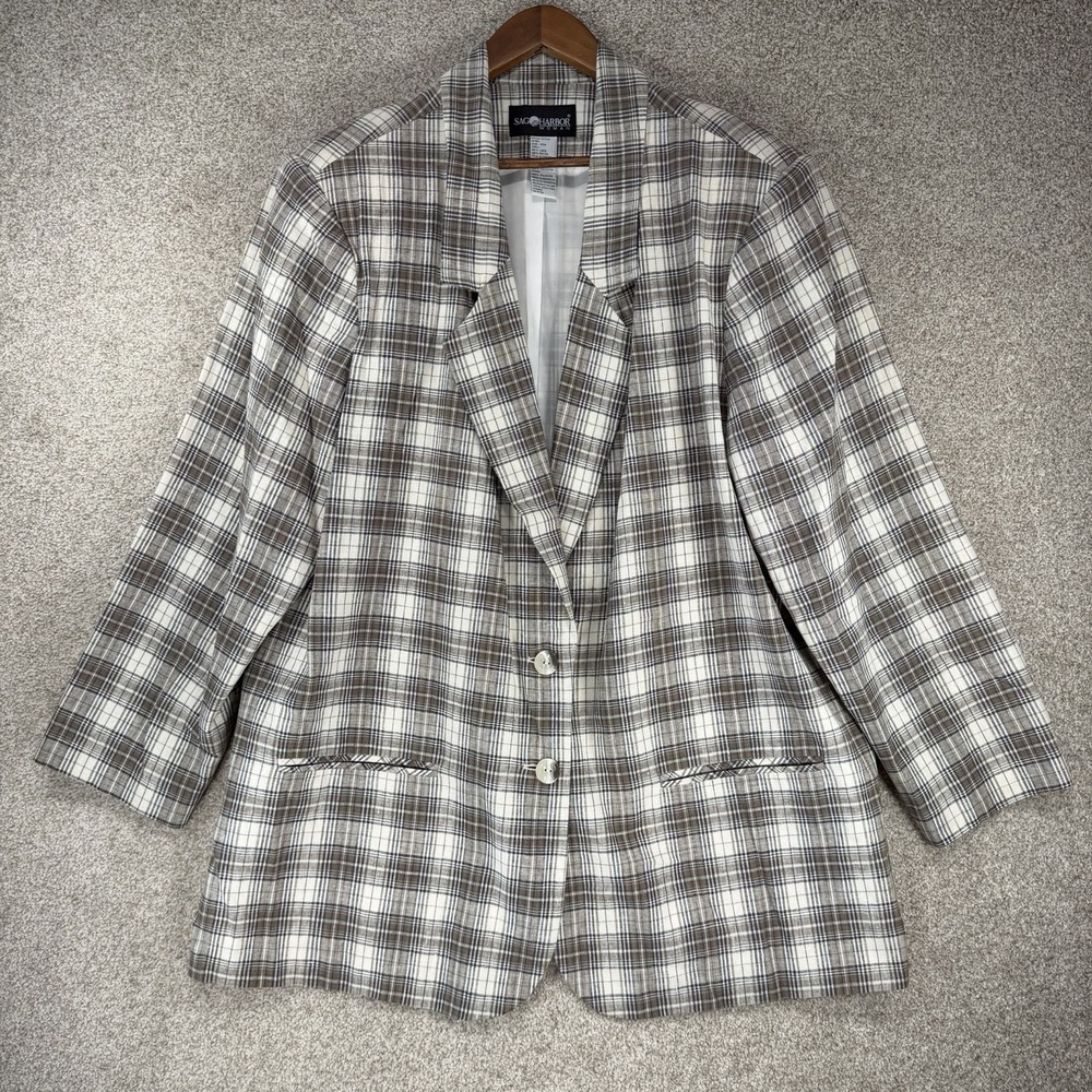 VTG Sag Harbor Blazer 20w Women's Old Money Acedamia Linen Blend Plaid